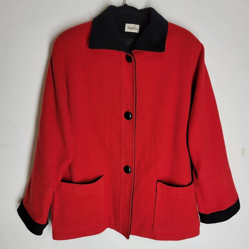 Neiman Marcus Womens Coat Red Black Buttons Patch Pockets Spread Collar Small